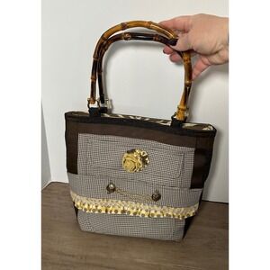 Fabric Patchwork Bamboo Handle Tote Bag Embellished Rose‎ Chain Accent Handmade